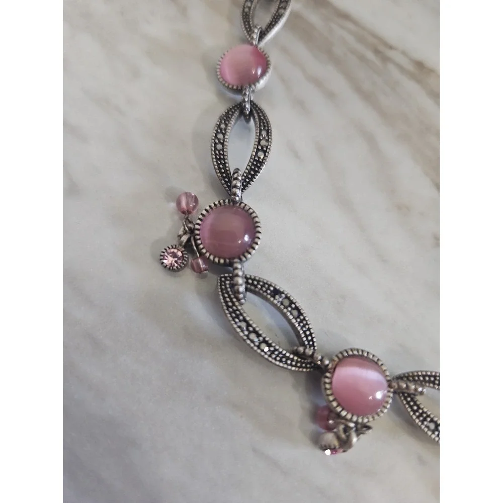 Vintage Pink Cats Eye Cabochon Marcasite Style Link Necklace 16in